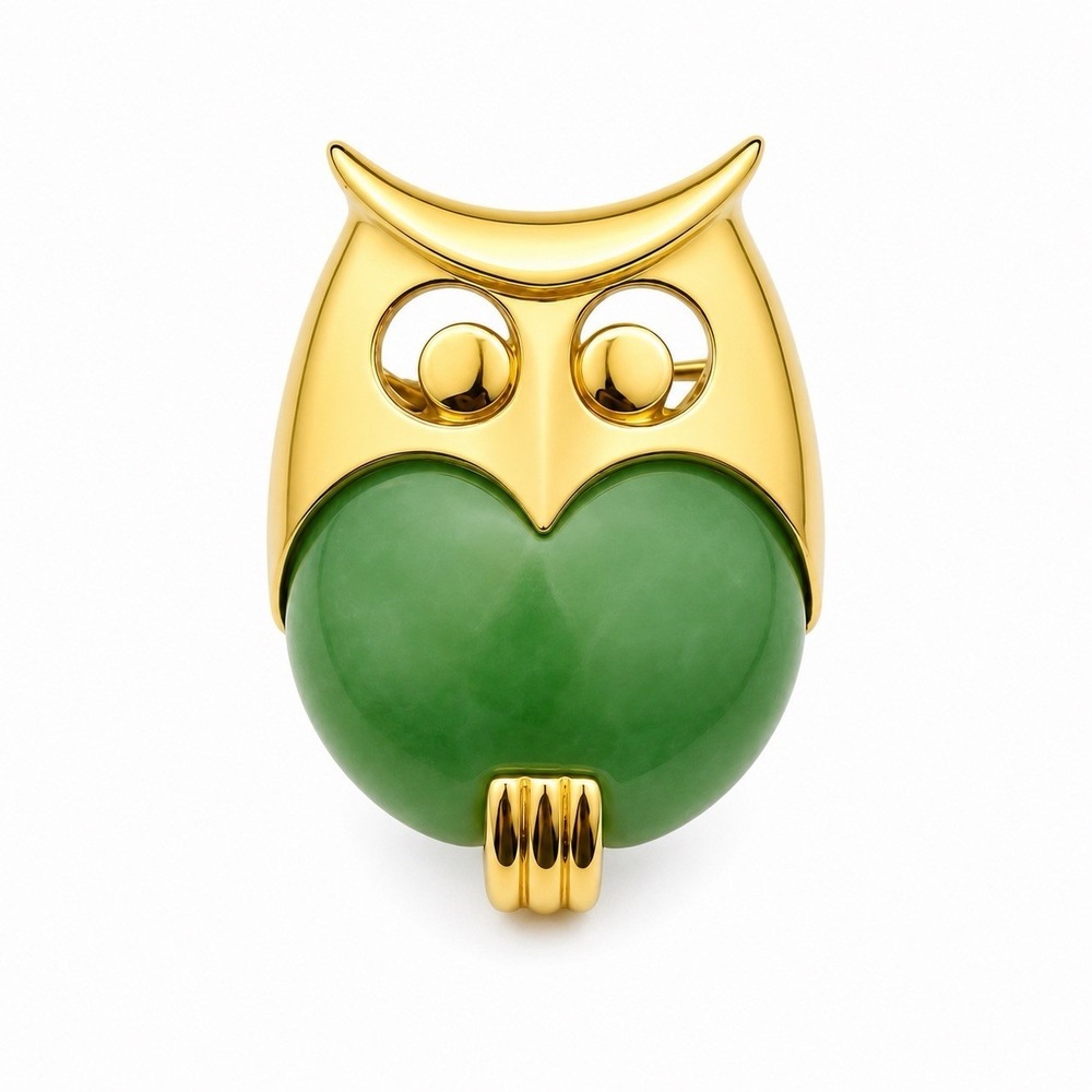 Vintage‎ Crown Trifari Green Belly Owl Brooch Gold Tone Figural Bird Pin